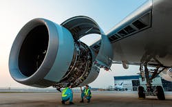 HAECO Hong Kong mechanics performing an inspection on a Trent XWB engine. (Picture courtesy of HAECO Hong Kong)
