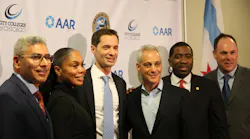 From left, City Colleges of Chicago Chancellor Juan Salgado; President of Olive-Harvey College Kimberly Hollingsworth; AAR President and CEO John Holmes; Mayor Rahm Emanuel; State Rep. Marcus Evans (33rd); and Ald. Matthew O’Shea (19th Ward).