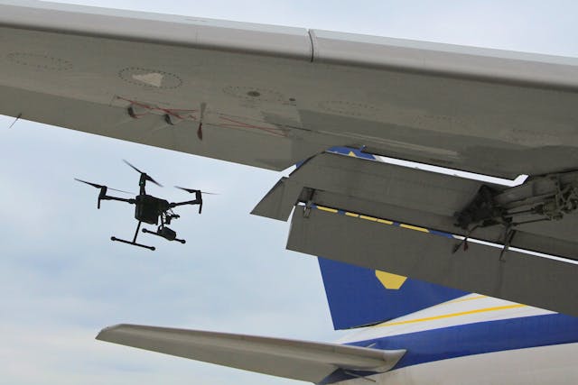 Drone-assisted aircraft inspection trial.