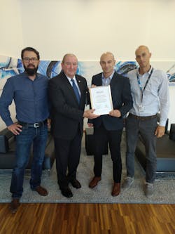 Norbert Schröder, Managing Director of SPACE Deutschland e.V. (2nd from left), presents the membership certificate to Stefan Schweighofer, Director Supplier Development FACC (3rd from left), and the two Project Procurement managers Mario J. Haider (left) and Patrick Klecker (right). Norbert Schröder, Managing Director of SPACE Deutschland e.V. (2nd from left), presents the membership certificate to Stefan Schweighofer, Director Supplier Development FACC (3rd from left), and the two Project Procurement managers Mario J. Haider (left) and Patrick Klecker (right).
