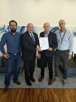 Norbert Schr&ouml;der, Managing Director of SPACE Deutschland e.V. (2nd from left), presents the membership certificate to Stefan Schweighofer, Director Supplier Development FACC (3rd from left), and the two Project Procurement managers Mario J. Haider (left) and Patrick Klecker (right).