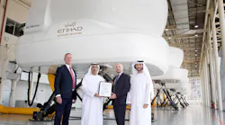 Tony Douglas, Group Chief Executive Officer, Etihad Aviation Group with H.E. Hamad Abdulla Al Shamsi, Vice Chairman Etihad Aviation Group Board of Directors, Capt. Paolo La Cava, Director & Accountable Manager, Etihad Aviation Training and Mohammad Al Bulooki, Chief Operating Officer, Etihad Aviation Group announcing the EASA certification at the impressive simulator facility in Abu Dhabi.