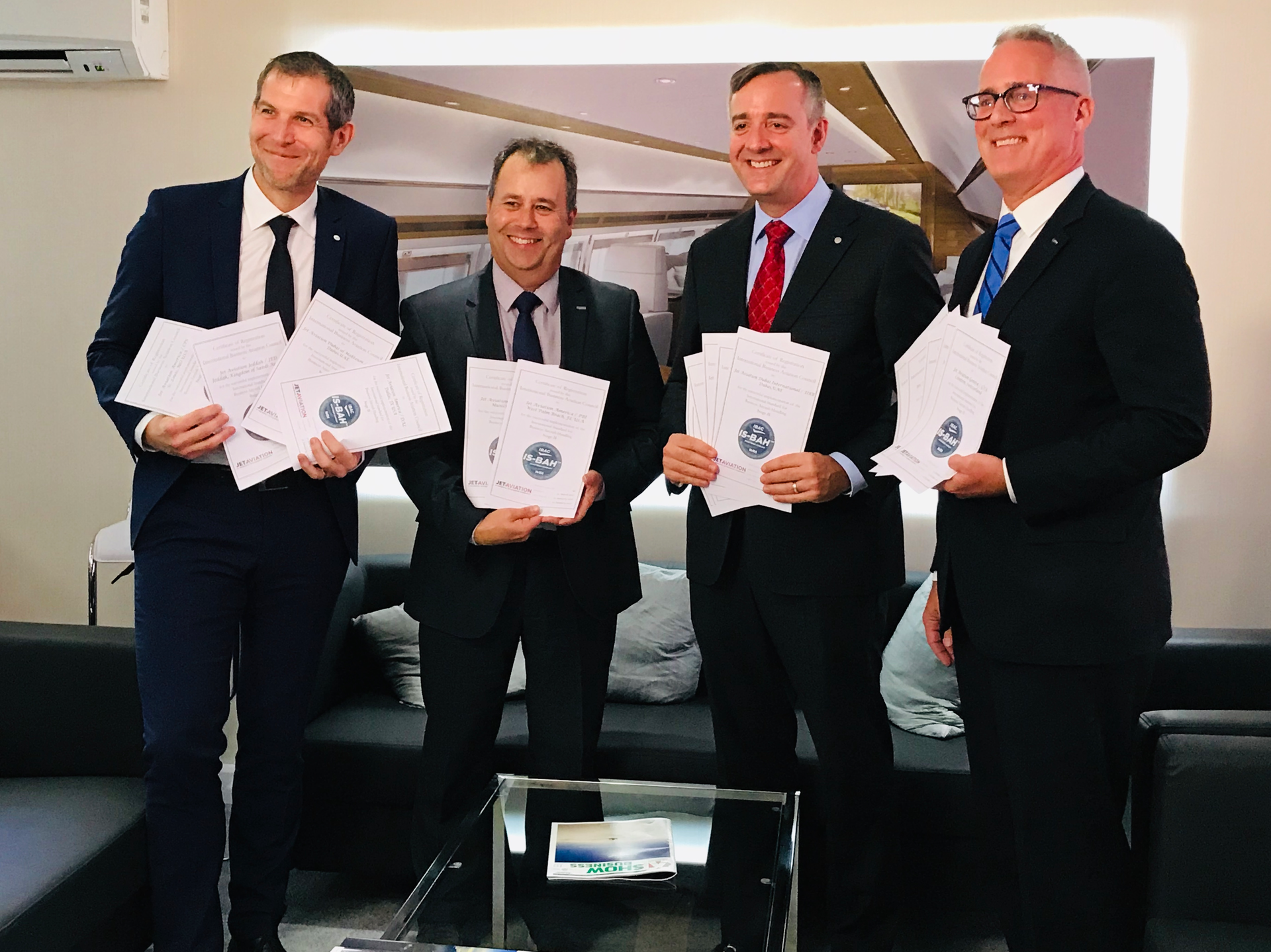 Stefan Benz, SVP Regional Operations, EMEA; Terry Yeomans, IS-BAH Programme Director; Rob Smith, President Jet Aviation; and Kurt H. Edwards, IBAC Director General