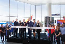 From left, Unibail-Rodamco-Westfield&apos;s U.S. President Jean-Marie Tritant, Danny Trejo, Los Angeles Mayor Eric Garcetti, Southwest CEO Gary Kelly, LAWA CEO Deborah Flint, and Los Angeles Board of Airport Commissioners Vice President Val Velasco cut ribbon, unveiling the new Terminal 1.