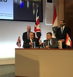 Rolls-Royce Chairman Ian Davis (left seated) and MEA Chairman - Director General Mohamad El-Hout (right seated) sign the contract witnessed by Rt. Honourable Alistair Burt, UK Minister of State for International Development and Minister of State for the Middle East (left standing) and Prime Minister of Lebanon, His Excellency Mr Saad Hariri (right standing). Rolls-Royce Chairman Ian Davis (left seated) and MEA Chairman - Director General Mohamad El-Hout (right seated) sign the contract witnessed by Rt. Honourable Alistair Burt, UK Minister of State for International Development and Minister of State for the Middle East (left standing) and Prime Minister of Lebanon, His Excellency Mr Saad Hariri (right standing).