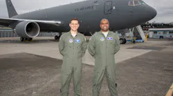 Nick Cenci, Major, USAF Chief of Flight Operations DCMA (Seattle) (left) and Anthony Mariapain, Major, USAF KC-46 Chief Pilot DCMA (Seattle) stand in front of the KC-46A Pegasus at Boeing Field in advance of the U.S. Air Force acceptance of Boeing’s first tanker. Maj. Cenci and Maj. Mariapain led flight acceptance testing on the jet.