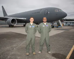 Nick Cenci, Major, USAF Chief of Flight Operations DCMA (Seattle) (left) and Anthony Mariapain, Major, USAF KC-46 Chief Pilot DCMA (Seattle) stand in front of the KC-46A Pegasus at Boeing Field in advance of the U.S. Air Force acceptance of Boeing’s first tanker. Maj. Cenci and Maj. Mariapain led flight acceptance testing on the jet. Nick Cenci, Major, USAF Chief of Flight Operations DCMA (Seattle) (left) and Anthony Mariapain, Major, USAF KC-46 Chief Pilot DCMA (Seattle) stand in front of the KC-46A Pegasus at Boeing Field in advance of the U.S. Air Force acceptance of Boeing’s first tanker. Maj. Cenci and Maj. Mariapain led flight acceptance testing on the jet.
