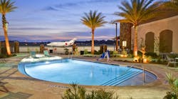 The hotel pool at Golden Isles Aviation is designed to meet the overall theme of aviation.