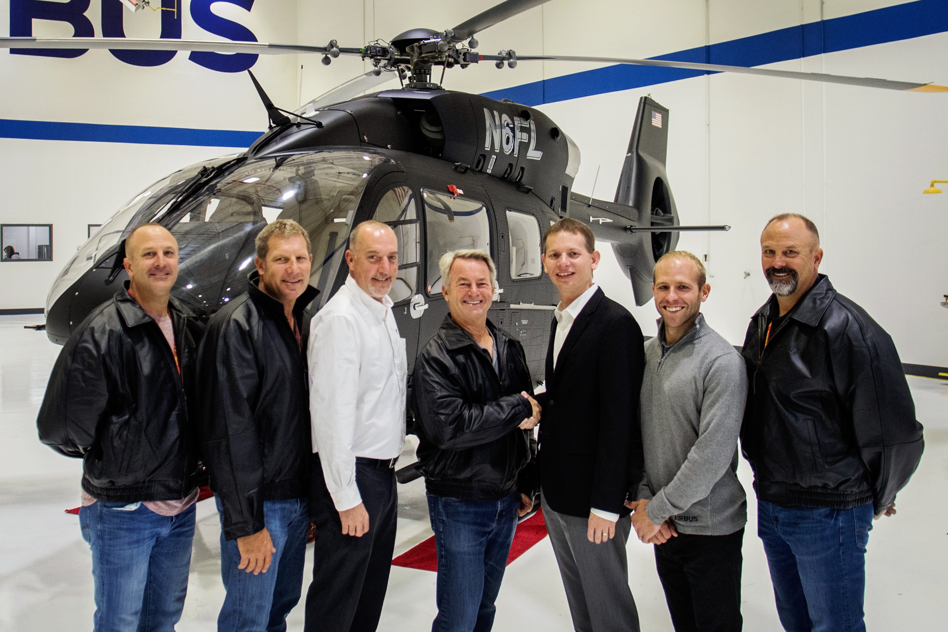 Mark Hulsey; Jon Corn; Michael O&rsquo;Connor, Airbus Helicopters, Inc.; Fred Luddy, founder of Service Now and SoCal Air Services; Romain Trapp, Airbus Helicopters, Inc. COO; Travis Tinsey, Airbus Helicopters, Inc.; and Mike Hulsey.