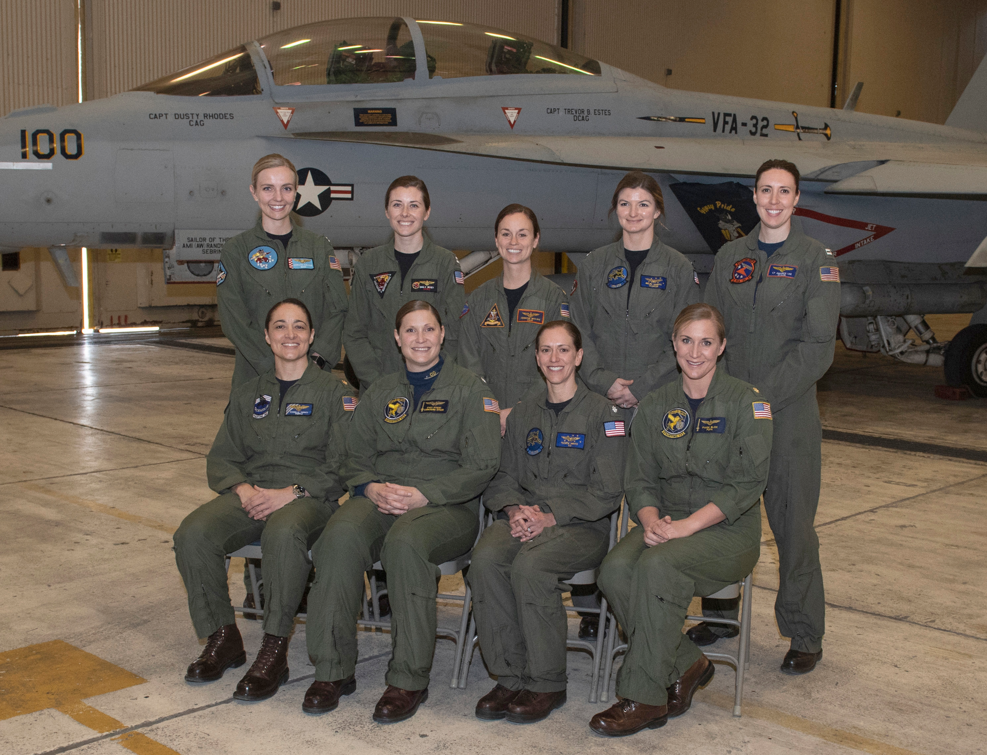 Naval aviators participating in a flyover to honor the life and legacy of retired Navy Capt. Rosemary Mariner pose for a photo in a hangar bay at Naval Air Station Oceana in Virginia Beach, Virginia, Jan. 31, 2019. The U.S. Navy is scheduled to conduct the first ever all-female flyover Feb. 2 in Maynardville, Tennessee as part of the funeral service for Mariner, a female Naval aviation pioneer. Back row, from left to right: Lt. Christy Talisse, Lt. Emily Rixey, Lt. Cmdr. Jennifer Hesling, Lt. Kelly Harris, Lt. Amanda Lee. Front row from left to right: Lt. Cmdr. Danielle Thiriot, Cmdr. Stacy Uttecht, Cmdr. Leslie Mintz, and Lt. Cmdr. Paige Blok. (U.S. Navy photo by Mass Communication Specialist 3rd Class Raymond Maddocks/Released)