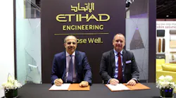 Abdul Khaliq Saeed, Chief Executive Officer, Etihad Airways Engineering and Terry Stone, Managing Director and Head of Sales and Support EMEA, Satair signed a MoU at MRO Middle East for supply chain solutions for worldwide aircraft parts availability