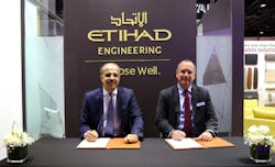 Abdul Khaliq Saeed, Chief Executive Officer, Etihad Airways Engineering and Terry Stone, Managing Director and Head of Sales and Support EMEA, Satair signed a MoU at MRO Middle East for supply chain solutions for worldwide aircraft parts availability