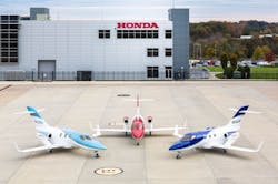 The HondaJet Elite, original HondaJet and HondaJet APMG pictured at Honda Aircraft Company&apos;s headquarters in Greensboro, NC.
