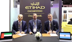 His Excellency Fernando R. de Martini, Ambassador of Argentina to the UAE attends the signing of a multi-year collaboration between Etihad Airways Engineering Chief Executive Officer, Abdul Khaliq Saeed and Antonio Beltramone, President FAdeA, which took place at MRO Middle East in Dubai, UAE.