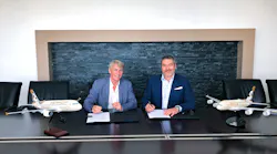 Alain Leboucher, EVP Sales and Development at TARMAC Aerosave and Frederic DuPont, Vice President Technical Sales and Customer Service, Etihad Airways Engineering sign a Memorandum of Understanding to jointly pursue opportunities to develop, explore, support and extend Part 145 aircraft maintenance services.
