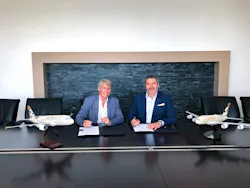 Alain Leboucher, EVP Sales and Development at TARMAC Aerosave and Frederic DuPont, Vice President Technical Sales and Customer Service, Etihad Airways Engineering sign a Memorandum of Understanding to jointly pursue opportunities to develop, explore, support and extend Part 145 aircraft maintenance services. Alain Leboucher, EVP Sales and Development at TARMAC Aerosave and Frederic DuPont, Vice President Technical Sales and Customer Service, Etihad Airways Engineering sign a Memorandum of Understanding to jointly pursue opportunities to develop, explore, support and extend Part 145 aircraft maintenance services.