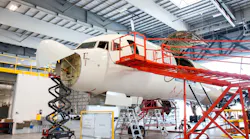 Aircraft being worked at Pensacola, FL, ST Engineering Aerospace facility.