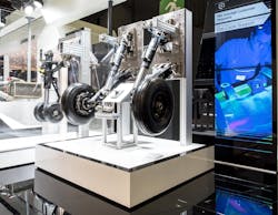 Liebherr displays the landing gear system of the AW189 helicopter at Aero India. Liebherr displays the landing gear system of the AW189 helicopter at Aero India.