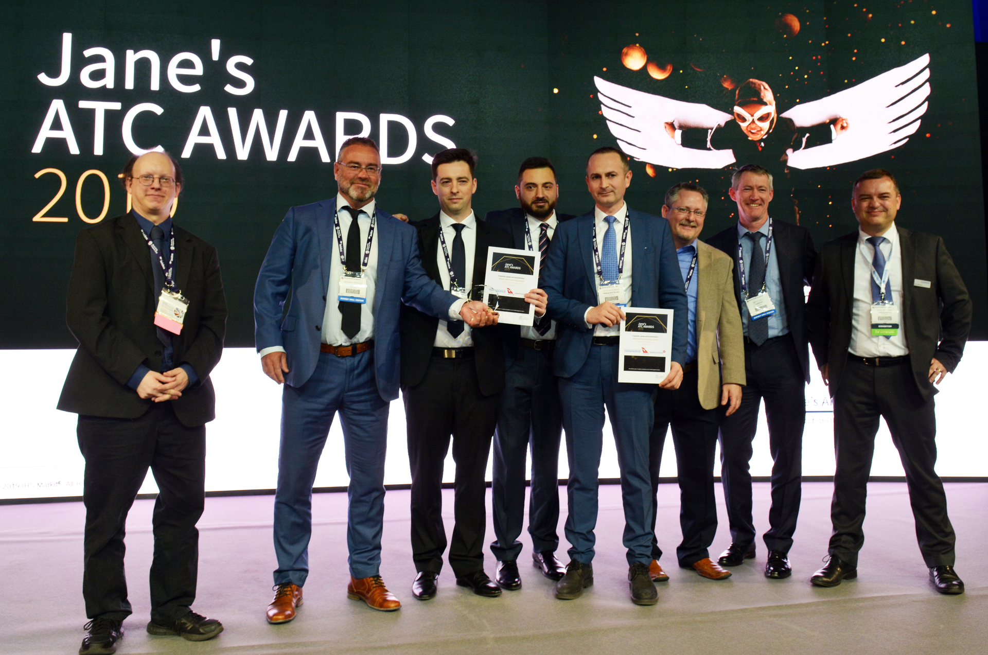 Left to right: Ben Vogel &ndash; Janes IHS Markit, Mike Riegler &ndash; Qantas, Maciej Migacz &ndash; Smart4Aviation, Francesco Saraceni and Catalin Roman &ndash; Frequentis, Shane Harney &ndash; smart4Aviation, Geoff Bell &ndash; Qantas, Dirk Whitake &ndash; Frequentis. Photograhy: Patrick Allen &ndash; HIS Markit