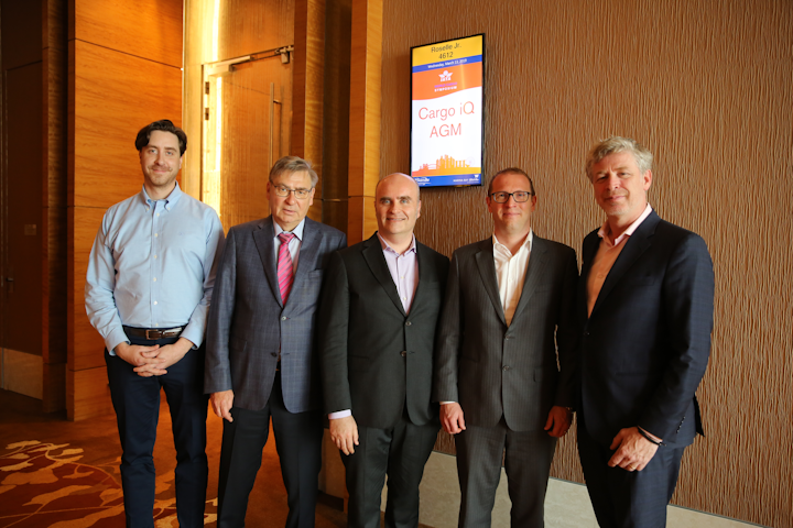 Cargo iQ is launching a new product for SME’s, from left to right Benjamin Riege, Marketing Director, and Johannes Riege, Founder and Chairman, both Riege Software; Filippo Passeggieri, IT Cargo Expert, CCS Italy; Chris Davies, Technology and Product Manager, Cargo iQ; and Ariaen Zimmerman Executive Director, Cargo iQ