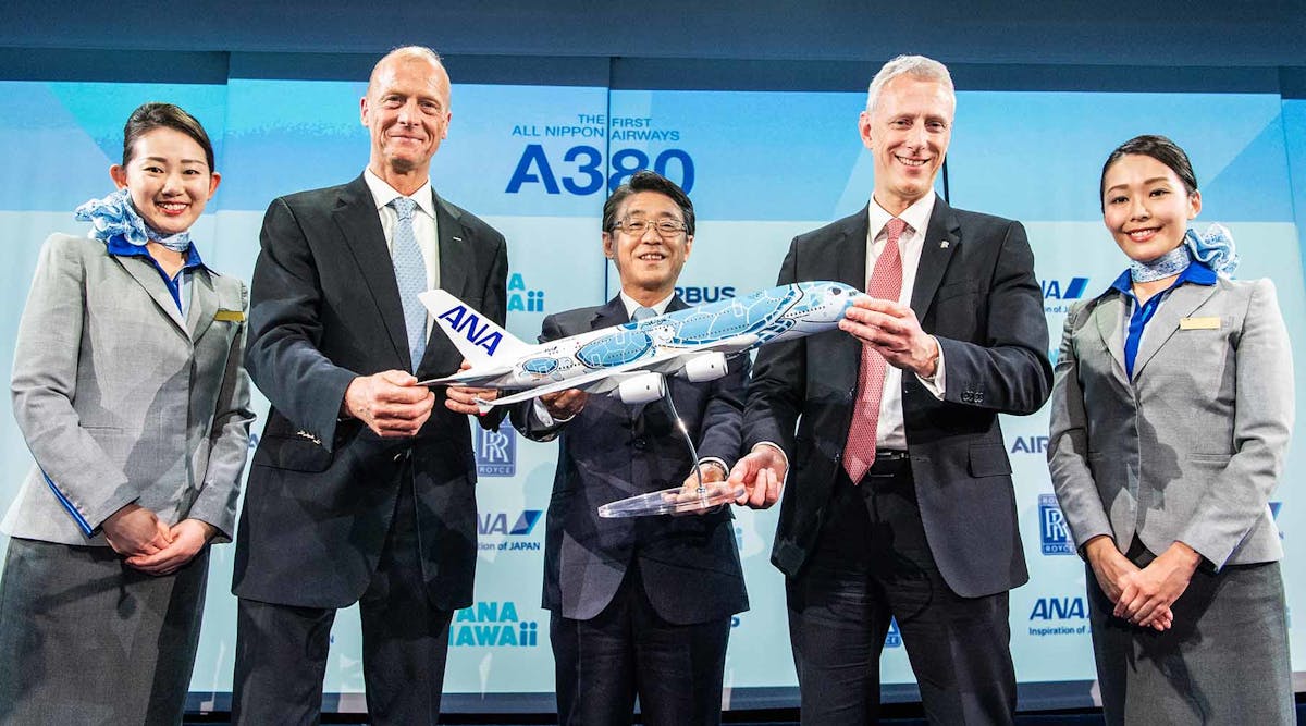 From left to right - Tom Enders Airbus Chief Executive Officer, Shinya Katanozaka President &amp; CEO, ANA HOLDINGS INC., Chris Cholerton President Rolls Royce for Civil Aerospace