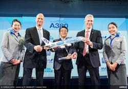 From left to right - Tom Enders Airbus Chief Executive Officer, Shinya Katanozaka President &amp; CEO, ANA HOLDINGS INC., Chris Cholerton President Rolls Royce for Civil Aerospace