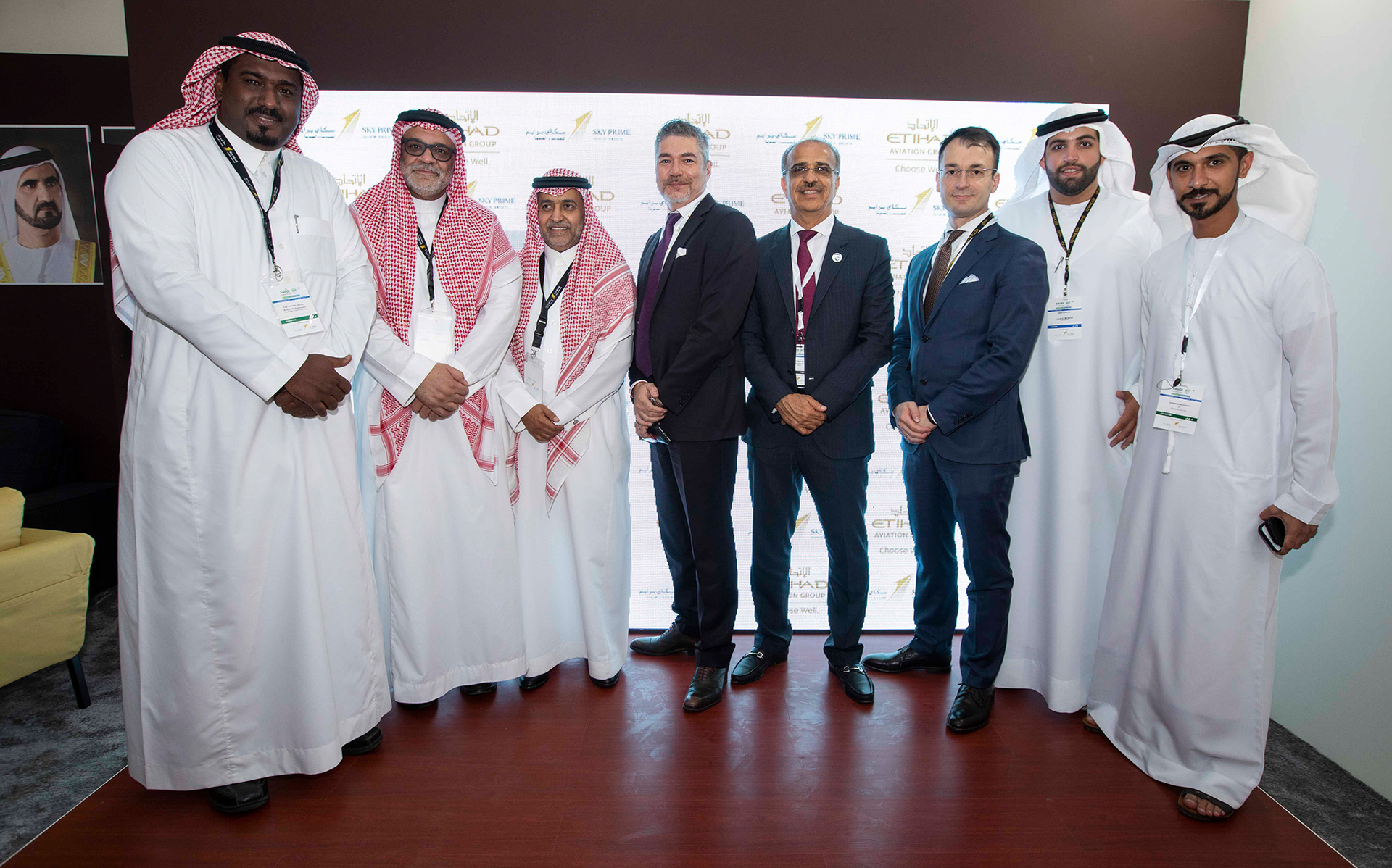 Ibrahim Al Nwessr, Director of Maintenance part 121, Sky Prime, Captain Mamdooh Mokhtar, Chief Executive Officer, Sky Prime, Turki Al-Otaibi, VP Support Services and Sales, Sky Prime with Frederic Dupont, VP technical Sales and Customer Support, Etihad Airways Engineering, Abdul Khaliq Saeed, Chief Executive Officer, Etihad Airways Engineering and Etihad Airways Engineering&rsquo;s Customer Focus Team Roberto, Amer Almulla and Mohammed Alzaabi sign agreement with Sky Prime for MRO engineering services.