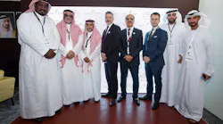 Ibrahim Al Nwessr, Director of Maintenance part 121, Sky Prime, Captain Mamdooh Mokhtar, Chief Executive Officer, Sky Prime, Turki Al-Otaibi, VP Support Services and Sales, Sky Prime with Frederic Dupont, VP technical Sales and Customer Support, Etihad Airways Engineering, Abdul Khaliq Saeed, Chief Executive Officer, Etihad Airways Engineering and Etihad Airways Engineering’s Customer Focus Team Roberto, Amer Almulla and Mohammed Alzaabi sign agreement with Sky Prime for MRO engineering services.