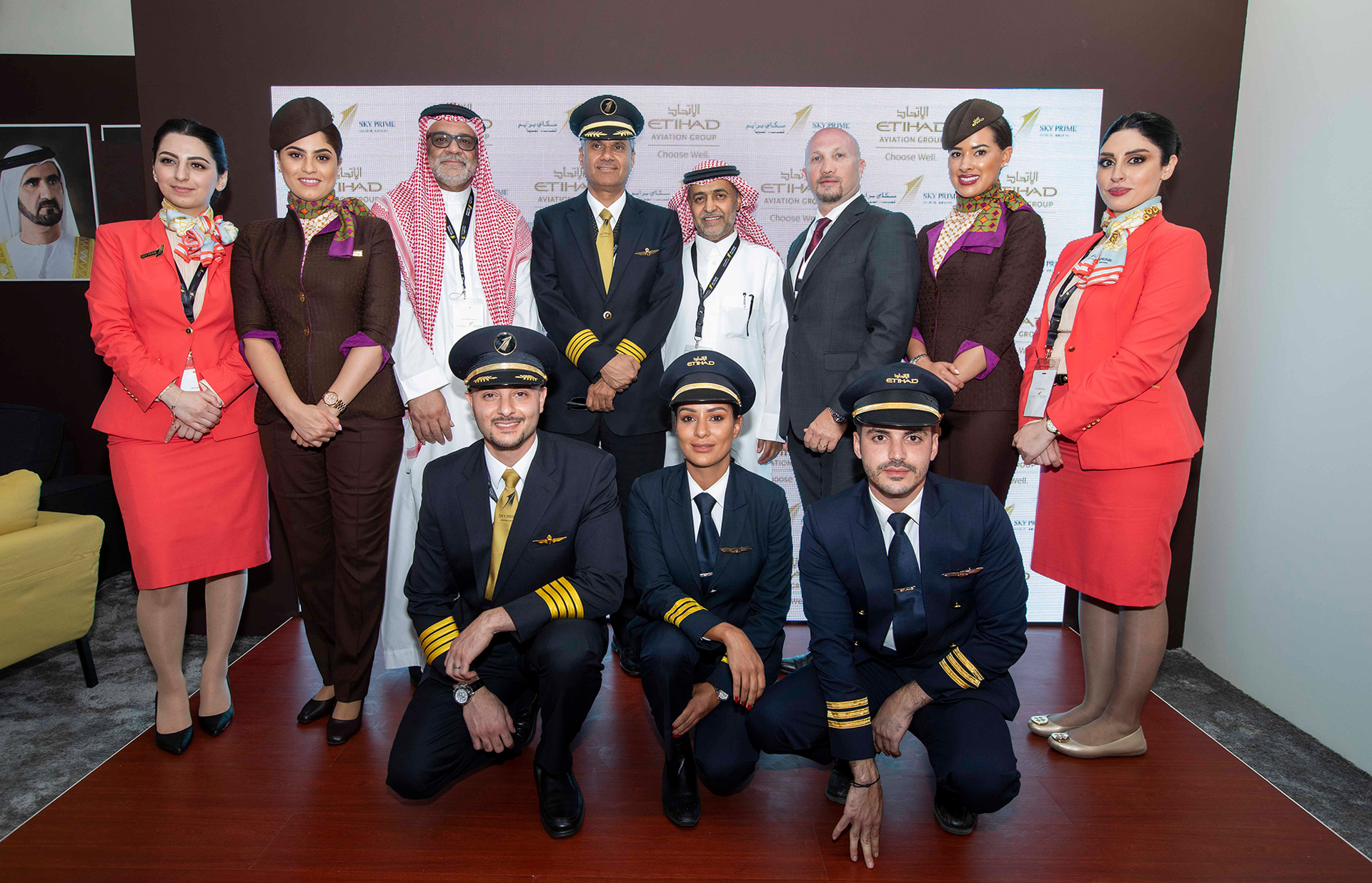 From left to right: Sky Prime and Etihad Airways cabin crew and pilots with Sky Prime&rsquo;s Captain Mamdooh Mokhtar, Chief Executive Officer and Turki Al-Otaibi, VP Support Services and Sales and Paolo La Cava, Director, Etihad Aviation Training partners with Sky Prime for pilot and cabin crew training.