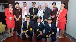 From left to right: Sky Prime and Etihad Airways cabin crew and pilots with Sky Prime’s Captain Mamdooh Mokhtar, Chief Executive Officer and Turki Al-Otaibi, VP Support Services and Sales and Paolo La Cava, Director, Etihad Aviation Training partners with Sky Prime for pilot and cabin crew training.