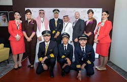From left to right: Sky Prime and Etihad Airways cabin crew and pilots with Sky Prime&rsquo;s Captain Mamdooh Mokhtar, Chief Executive Officer and Turki Al-Otaibi, VP Support Services and Sales and Paolo La Cava, Director, Etihad Aviation Training partners with Sky Prime for pilot and cabin crew training.