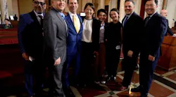 Commissioner Nicholas P. Roxborough (third from the left) is joined by his family and City Council members Cedillo, Bonin, Buscaino and Ryu (left to right) after today's vote to approve his appointment to the Board of Airport Commissioners.