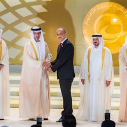 His Highness Sheikh Hamed bin Zayed Al Nahyan, Chairman of Abu Dhabi Crown Prince Court presents the Sheikh Khalifa Excellence Award to Abdul Khaliq Saeed, Etihad Airways Engineering Chief Executive Officer