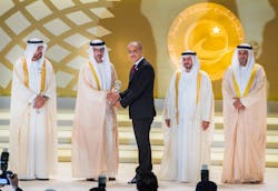 His Highness Sheikh Hamed bin Zayed Al Nahyan, Chairman of Abu Dhabi Crown Prince Court presents the Sheikh Khalifa Excellence Award to Abdul Khaliq Saeed, Etihad Airways Engineering Chief Executive Officer