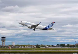 The A319neo prototype takes off from Toulouse with its new P&W GTF engines.