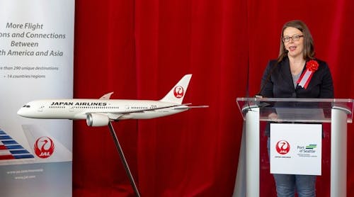 Port Commissioner Courtney Gregoire welcomes Japan Airlines&apos; inaugural flight between Sea-Tac Airport and Tokyo-Narita on March 31, 2019.
