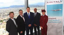 Los Angeles City Council member and Chair of Trade, Travel and Tourism Committee Joe Buscaino, Air Italy Chief Operating Officer and Los Angeles World Airports Chief Operating Officer Samson Mengitsu with Air Italy Chief Operating Officer Rossen Dimitrov and cabin crew members celebrating the launch of the new LAX to MXP route.