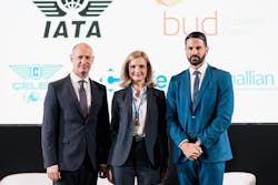 Caption (from left to right): Jost Lammers, CEO of Budapest Airport, Anca Apahidean, area manager of IATA for Eastern Europe, and Zsolt Veron, head of the supervisory division of the Ministry for Innovation and Technology