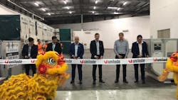 Ribbon-cutting ceremony in Hong Kong - Simon Leung (Cargo Standard, Policy and Operations Support Manager, Cathay Pacific Airways), Kevin Fung (Head of Cargo Global Operations, Cathay Pacific Airways), Adrian Loretz (Managing Director APAC, Unilode), Beno&icirc;t Dumont (CEO, Unilode), Staffan Ingfors (Head of Service Network Development, Envirotainer), Alexander Cornelius (Manager Cargo Hub Operations and ULD Management, Singapore Airlines) (from left to right)