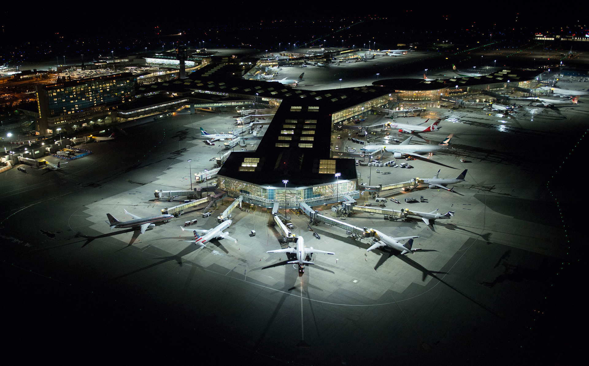Vancouver International Airport's LED lighting installs as seen from the air.