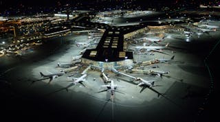 Vancouver International Airport&apos;s LED lighting installs as seen from the air.