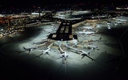 Vancouver International Airport&apos;s LED lighting installs as seen from the air.