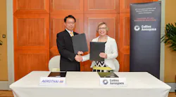 Clotilde Enel-Réhel, general manager for Commercial Aviation & Network Services for Collins Aerospace and Mr. Somnuk Rongthong, AEROTHAI's President, at the signing ceremony for the launch of GlobalConnect managed digital services in Asia.