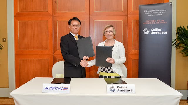Clotilde Enel-R&eacute;hel, general manager for Commercial Aviation &amp; Network Services for Collins Aerospace and Mr. Somnuk Rongthong, AEROTHAI&apos;s President, at the signing ceremony for the launch of GlobalConnect managed digital services in Asia.