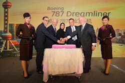 (Left to right) Germano Rollero, GM North Asia; Danny Barranger, SVP Global Sales; H.E. Faizah Al Blooshi, UAE Consul to Shanghai; Robin Kamark, Chief Commercial Officer; Lindsay White, VP of Eastern Region; celebrated the deployment of Boeing 787-10 Dreamliner to Shanghai (Left to right) Germano Rollero, GM North Asia; Danny Barranger, SVP Global Sales; H.E. Faizah Al Blooshi, UAE Consul to Shanghai; Robin Kamark, Chief Commercial Officer; Lindsay White, VP of Eastern Region; celebrated the deployment of Boeing 787-10 Dreamliner to Shanghai