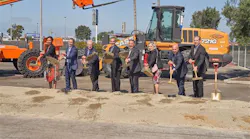 From left: LAWA Chief Executive Officer Deborah Flint, Los Angeles Board of Airport Commissioners (BOAC) President Sean Burton, Los Angeles City Councilmember Mike Bonin (District 11), Los Angeles Mayor Eric Garcetti, Los Angeles City Councilmember Joe Buscaino (District 15), BOAC Vice President Valeria Velasco, BOAC Commissioner Gabriel Eshaghian and Swinerton Builders Senior Vice President Dave Callis participate in today's groundbreaking of LAX’s Intermodal Transportation Facility-West.