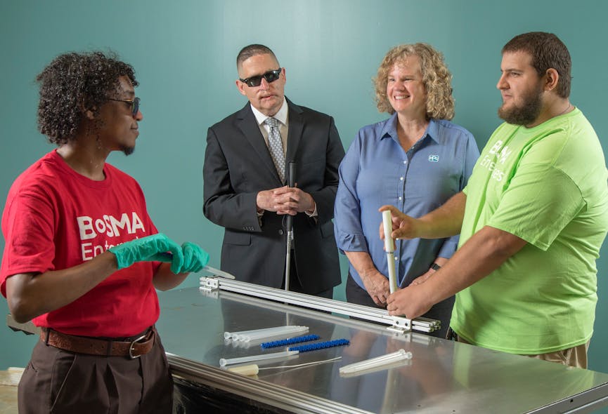 Bosma Enterprises employees use guides and tools to assemble and bag parts for mixing aerospace sealants for PPG, which has extended work to the nonprofit to provide employment opportunities for people who are blind or visually impaired.