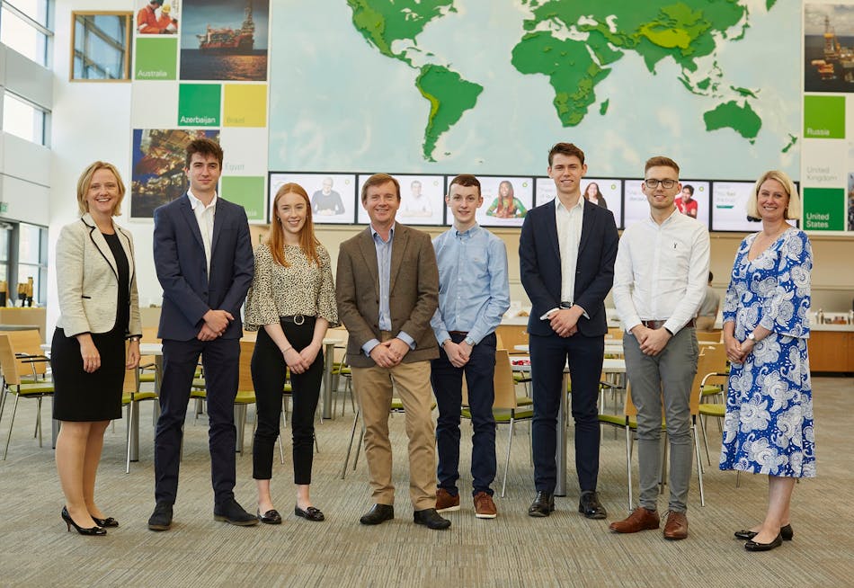 All five Sterling Pilot Scholars gather at BP headquarters in Sunbury to celebrate five years of the Sterling Pilot Scholarship programme. Jon Platt, CEO Air BP (centre), Sonya Adams, MD Northern, Central and Western Europe, Air BP (left) and Olivia Stone, Global Operations Standards Manager, Air BP and current JIG Chair (right) with scholars, left to right: Kristoff Ahlner, Zo&iocy; Burnett, Stephen Daly, Robert Norris and Alex May.
