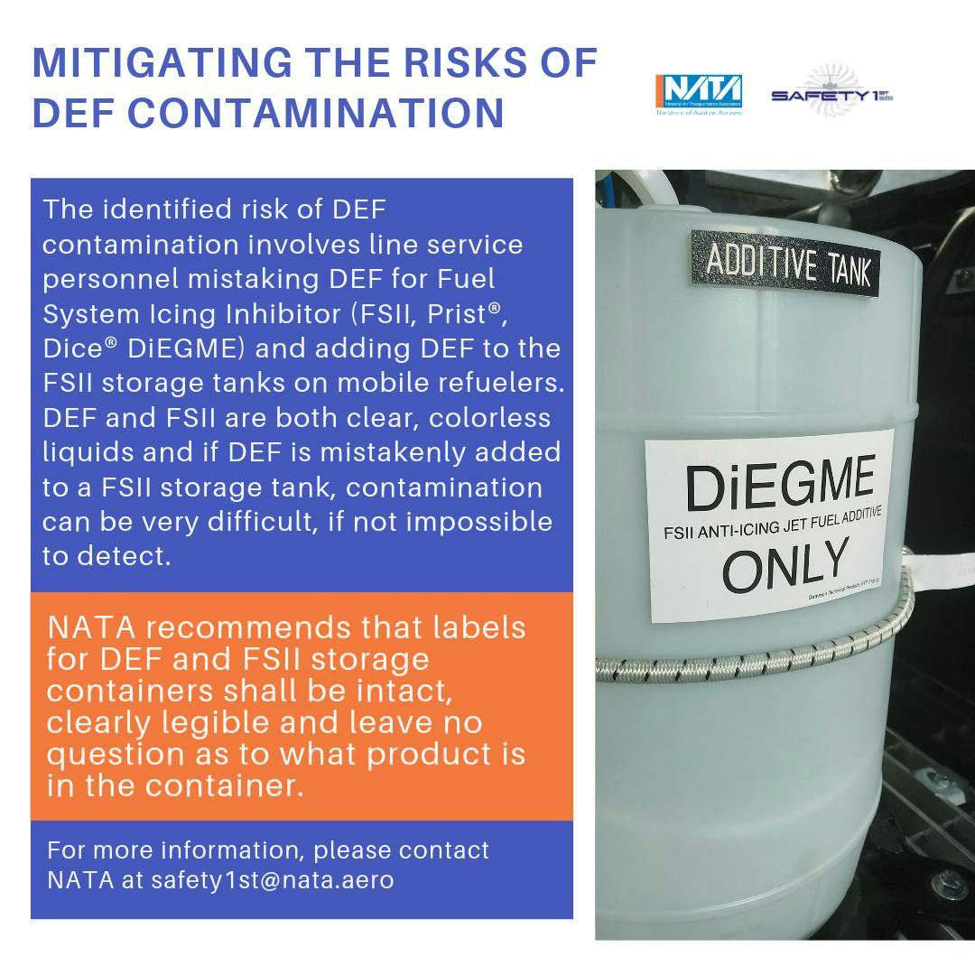 NATA recommends labels for DEF and FSII storage containers be intact and clearly legible.