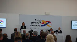 Nicola Hamann, managing director of Mack Brooks Exhibitions, welcomes attendees to the Opening & Awards Ceremony of inter airport Europe 2019.